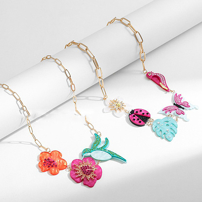 Spring Summer Acrylic Rhinestone Pendant Bib Necklaces for Women, Golden, Colorful