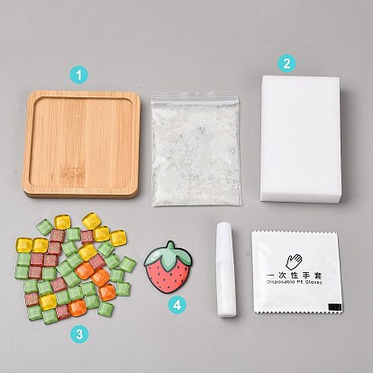 DIY Mosaic Coaster Making Kit, with White Latex Glue, Cleaning Sponge & Disposable Glove, Bamboo Cup Mat and Glass Mosaic Tiles, Crystal Grout, Cartoon Patches