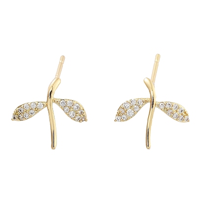 Brass Micro Pave Cubic Zirconia Stud Earrings, Leaf