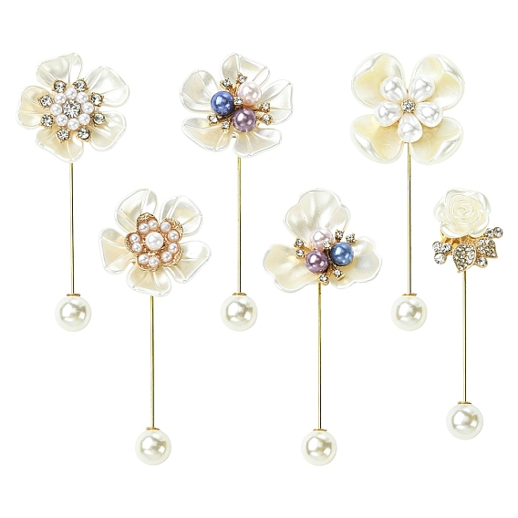 6Pcs 6 Styles Flower Plastic & Resin Rhinestone Brooches, Suit Shirt Lapel Brooches Pin, with Iron Pins