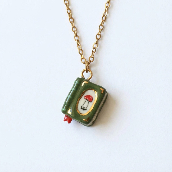304 Stainless Steel Enamel Book Pendant Necklaces, Golden