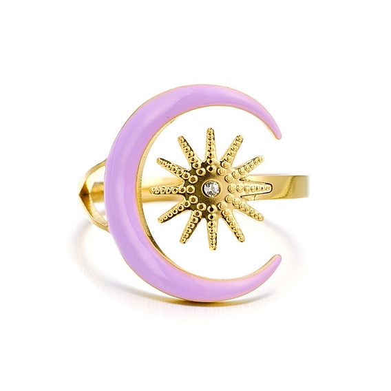 304 Stainless Steel Enamel Cuff Open Rings, Moon with Sun, with Rhinestone