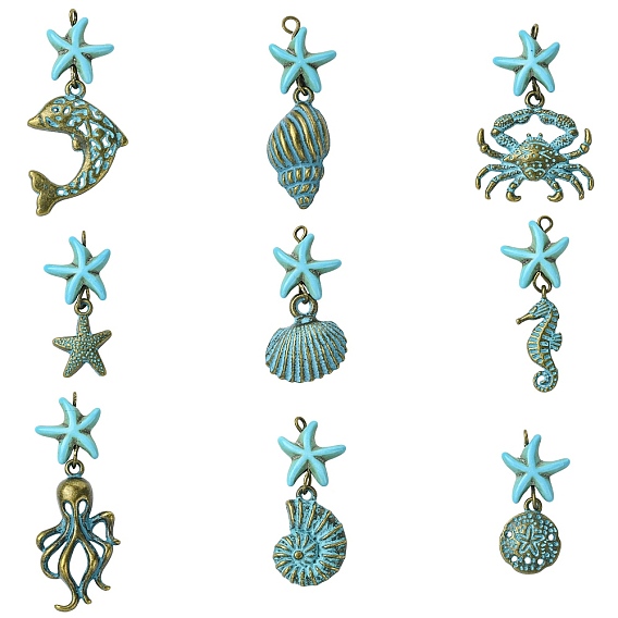 18 шт 9 подвески из сплава, с синтетической бирюзой и железными кольцами, разнообразные