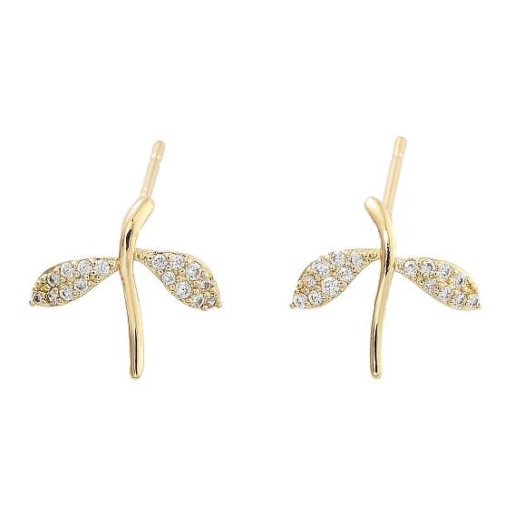 Brass Micro Pave Cubic Zirconia Stud Earrings, Leaf