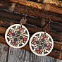 Bohemian Printed Wood & Zinc Alloy Dangle Earrings, Flat Round & Flower