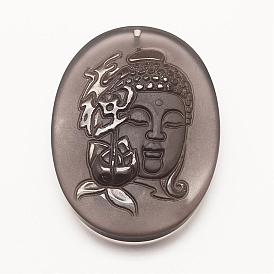 Carved Natural Obsidian Big Pendants, Flat Oval with Buddha