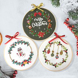 DIY Christmas Embroidery Kits, Including Embroidery Cloth & Thread, Needle, Embroidery Hoop, Instruction Sheet