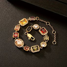 Латунные браслеты-цепочки с разноцветными кубическими цирконами, геометрические прямоугольные, плоские, круглые, квадратные, для женщин и мужчин