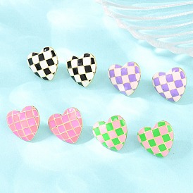 Латунь серьги, сердце с рисунком тартана, с эмалью, без свинца и без кадмия, долговечный, стойки покрытие, реальный 18 k позолоченный