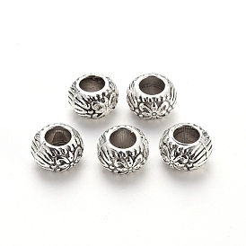 Tibetan Style Alloy European Beads, Large Hole Beads, Cadmium Free & Lead Free, Rondelle with Flower