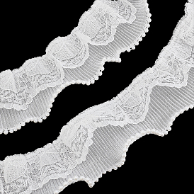 7 Yards Polyester & Chinlon Flower Ribbon, Ruffled Lace Trim for Costume Decoration, with Imiation Pearls