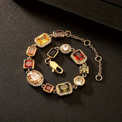 Латунные браслеты-цепочки с разноцветными кубическими цирконами, геометрические прямоугольные, плоские, круглые, квадратные, для женщин и мужчин