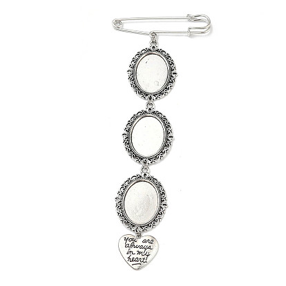 Iron Brooch Findings, with Tibetan Style Alloy Pendant Cabochon Settings & Pendants, Oval & Heart, for Valentine's Day