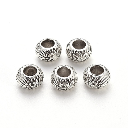 Tibetan Style Alloy European Beads, Large Hole Beads, Cadmium Free & Lead Free, Rondelle with Flower
