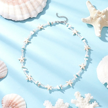 Ожерелья из синтетической бирюзы, магнезита и стеклянных бусин в виде морской звезды, с 304 концевыми цепями из нержавеющей стали, цвет нержавеющей стали