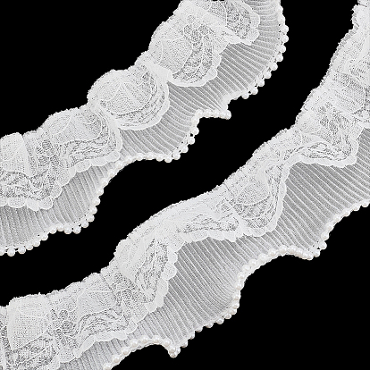 7 Yards Polyester & Chinlon Flower Ribbon, Ruffled Lace Trim for Costume Decoration, with Imiation Pearls