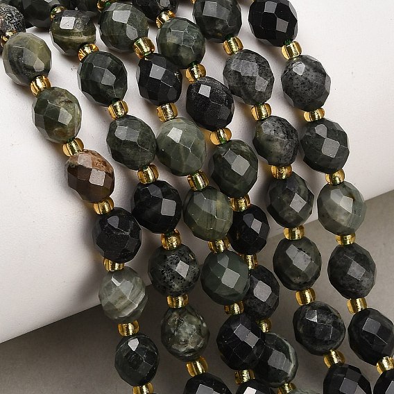 Natural Green Wood Lace Stone/Wooden Jasper Beads Strands, Round, Faceted, with Seed Beads