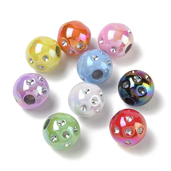 UV Plating Opaque Acrylic European Bead Rhinestone Settings, Large Hole Beads, Iridescent, Round