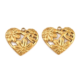 304 Stainless Steel Pendants, Hollow Heart with Flower & Dragonfly Charms, Ion Plating(IP)