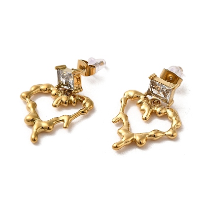 Melting Heart 304 Stainless Steel Dangle Stud Earrings, with Cubic Zirconia