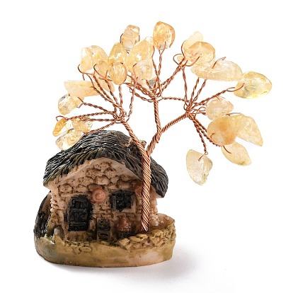 Resin & Gemstone Model Ornament, House & Trees, for Desk Home Decoration