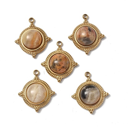 Vacuum Plating 201 Stainless Steel Natural Gemstone Pendants, Real 18K Gold Plated, Half Round Charms