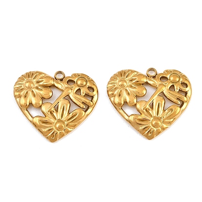 304 Stainless Steel Pendants, Hollow Heart with Flower & Dragonfly Charms, Ion Plating(IP)