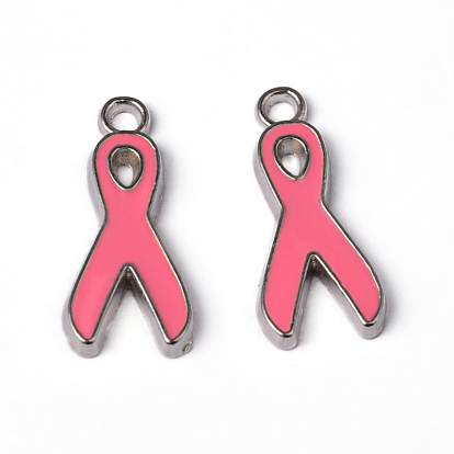 Alloy Enamel Pendants, Lead Free and Cadmium Free, October Breast Cancer Pink Awareness Ribbon, Platinum Metal Color, 19x8x1mm, Hole: 2mm