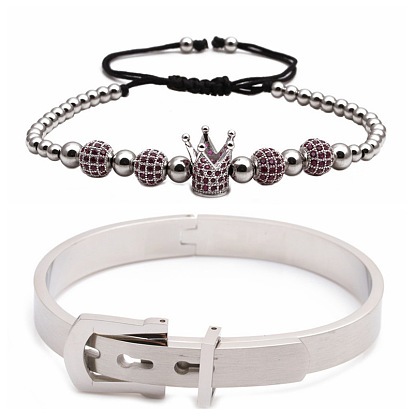 Stainless Steel Bracelet with Crown Charm and Adjustable Braided Bead Chain Set