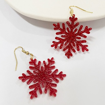 Серьги-подвески с акриловыми блестками и пудрой в виде снежинок, золотые