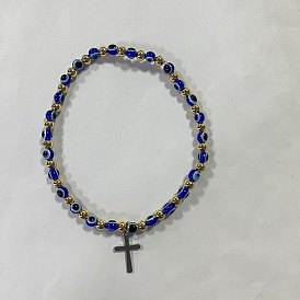 Resin & Brass Beads Stretch Bracelets, with 304 Stainless Steel Cross Pendants