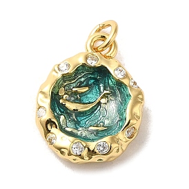 Brass Cubic Zirconia Pendants, with Enamel with Jump Ring, Flat Round