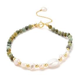 Natural Turquoise Bead Bracelets, with Sterling Silver Beads and Pearl Beads, Real 18K Gold Plated