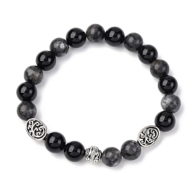 Браслеты из сплава, натурального черного оникса и ларвикита с круглыми бусинами для мужчин и женщин
