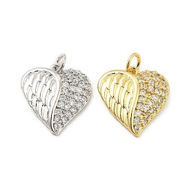 Brass Micro Pave Clear Cubic Zirconia Pendants, with Jump Ring, Heart with Wing Charm