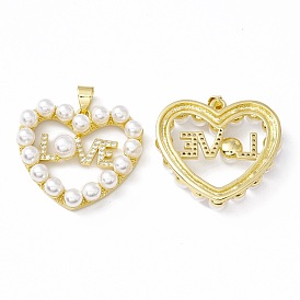 Rack Plating Brass Micro Pave Clear Cubic Zirconia Charms, with Acrylic Bead, Long-Lasting Plated, Cadmium Free & Lead Free, Heart with Word Love