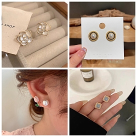 Imitation Pearl Beads Earrings for Women, with Golden Alloy Enamel Findings and 925 Sterling Silver Pin