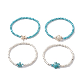 4 pcs 4 ensemble de bracelets extensibles en perles turquoises synthétiques teintées de style étoiles de mer et tortues pour femmes