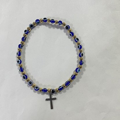 Resin & Brass Beads Stretch Bracelets, with 304 Stainless Steel Cross Pendants