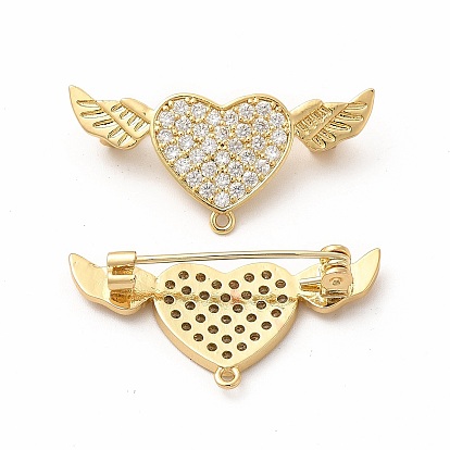 Brass Micro Pave Clear Cubic Zirconia Brooch Findings, with Loops, Heart with Angel Wing