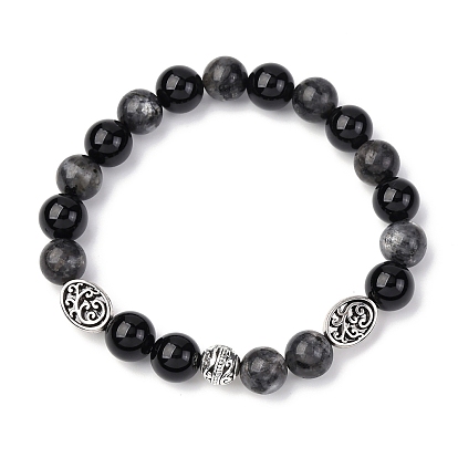 Браслеты из сплава, натурального черного оникса и ларвикита с круглыми бусинами для мужчин и женщин