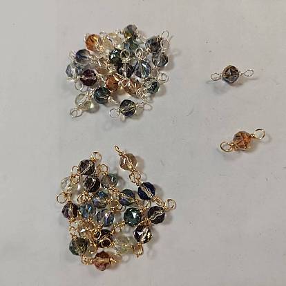 20Pcs 10 Colors Faceted Round Glass Connector Charms, with Copper Wire Double Loops, Mixed Color