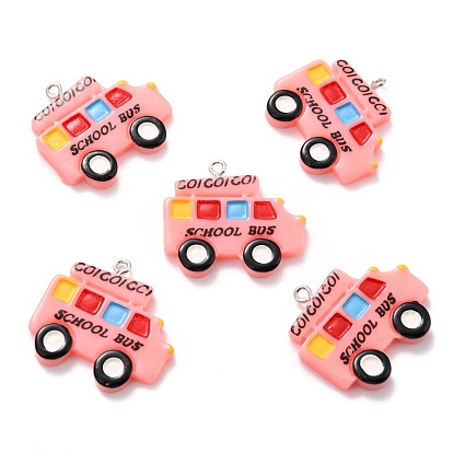 Resin Pendants, with Platinum Tone Iron Loop, School Bus with Word