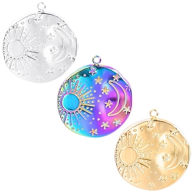 Stainless Steel Pendants, Flat Round with Sun Moon Charm