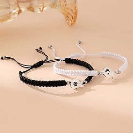 Adjustable Polyester Braided String Bracelets for Couple, with Stainless Steel Links, Heart