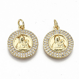 Mother's Day Brass Micro Pave Clear Cubic Zirconia Pendants, with Jump Rings, Nickel Free, Flat Round with Mom & Baby