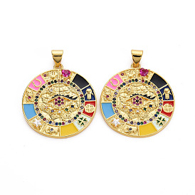 Brass Micro Pave Cubic Zirconia Pendants, with Enamel, Cadmium Free & Nickel Free & Lead Free, Real 16K Gold Plated, Flat Round