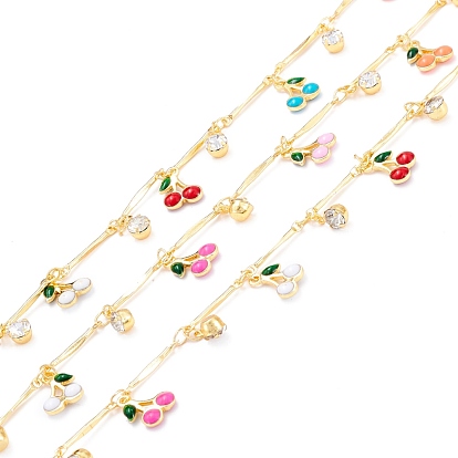 Handmade Brass Twisted Bar Link Chains, with Brass Enamel & Glass Charm, Cherry & Column, Long-Lasting Plated, Soldered, with Spool, Golden