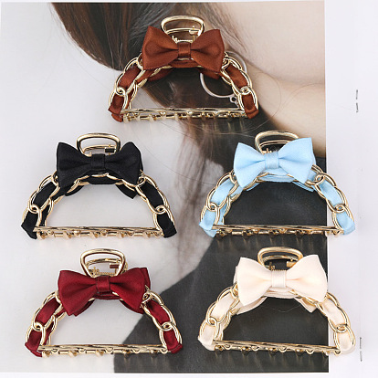 Chain Fabric Ribbon Bow Hair Clip for Women, Half Moon Top Knot Barrette with Zinc Alloy, 8cm