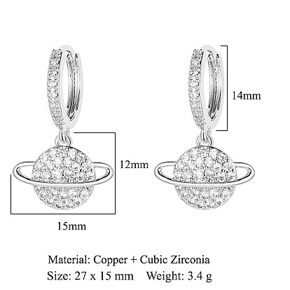 Brass Micro Pave Clear Cubic Zirconia Hoop Earrings, Planet Dangle Earrings for Women
